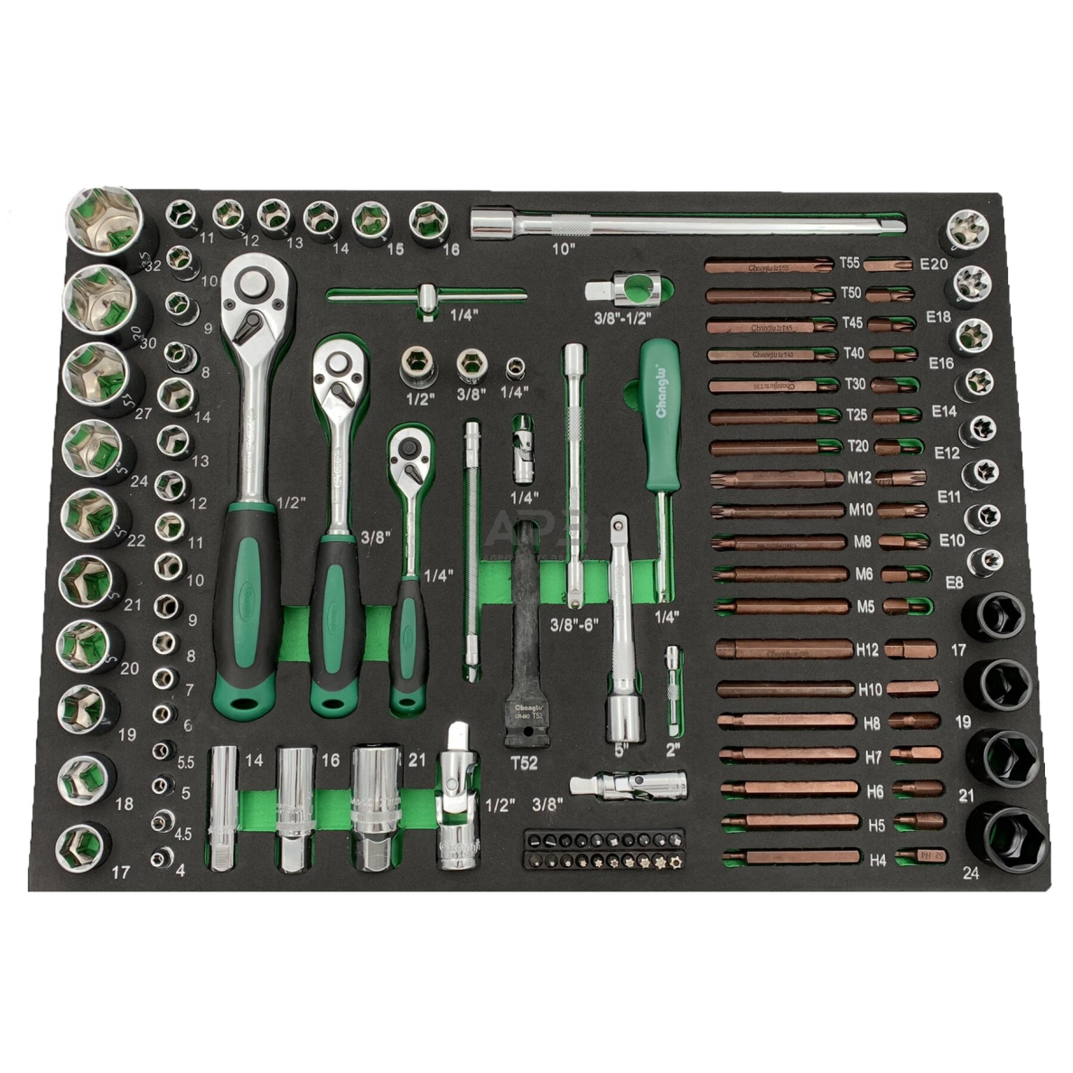 1/4" + 3/8" + 1/2" Galvučių ir raktų rinkinys 122vnt. Padėklas 1/4" + 3/8" + 1/2" Galvučių ir raktų rinkinys 122vnt. Padėklas