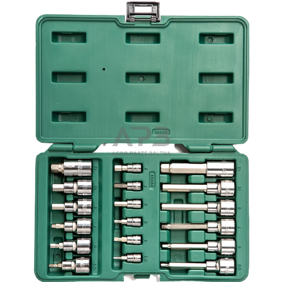 1/4" + 1/2" Galvučių su antgaliais rinkinys (HEX) 18vnt. 1 1/4" + 1/2" Galvučių su antgaliais rinkinys (HEX) 18vnt. 1