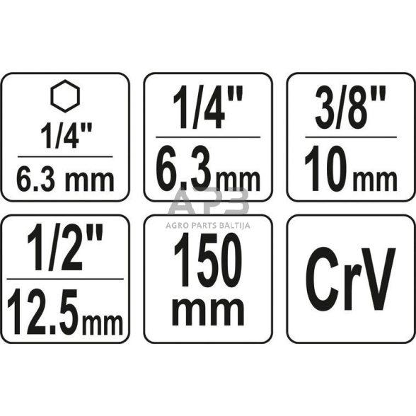 1/4"+3/8"+1/2" prailgintų adapterių suktuvui rinkinys 3vnt. 1 1/4"+3/8"+1/2" prailgintų adapterių suktuvui rinkinys 3vnt. 1