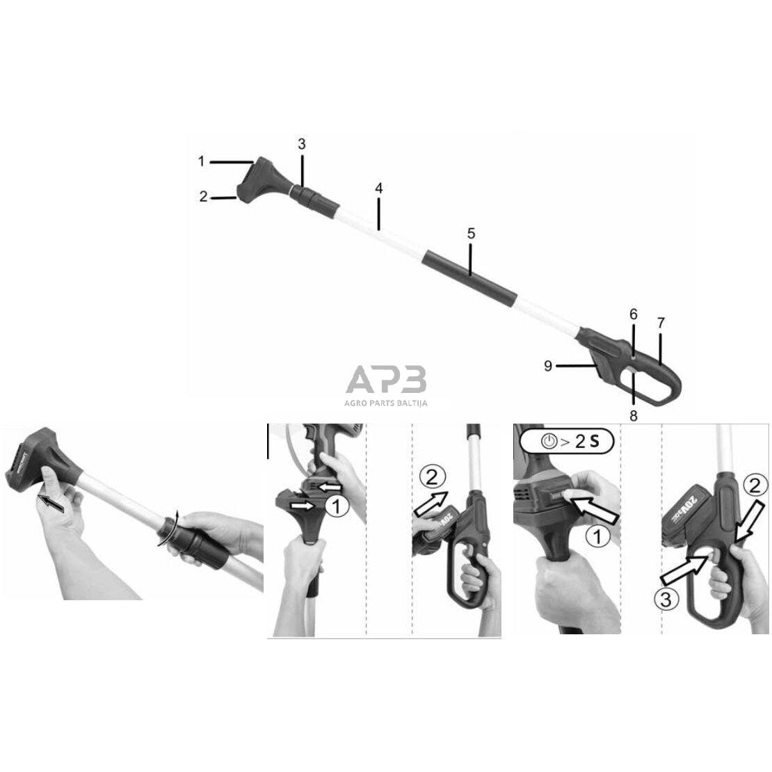Akumuliatorinis grandininis mini pjūklas su teleskopiniu prailginimu 20V LI-ION 9