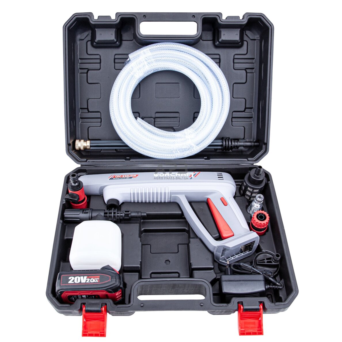 Akumuliatorinis aukšto slėgio plovimo pistoletas su plastikine dėže 20V LI-ION 2.0Ah 1 Akumuliatorinis aukšto slėgio plovimo pistoletas su plastikine dėže 20V LI-ION 2.0Ah 1