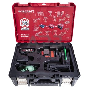 Akumuliatorinis kryžminių linijų nivelyro 3x3D rinkinys (žalias lazeris) 20V 2.0Ah LI-ION (XCUBE dėžė)