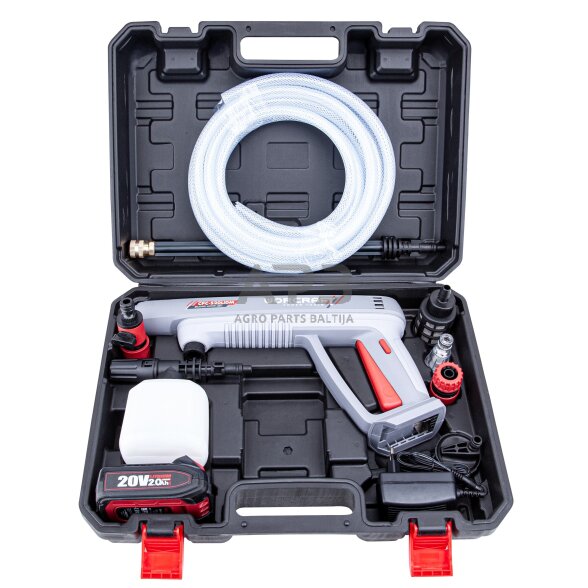 Akumuliatorinis aukšto slėgio plovimo pistoletas su plastikine dėže 20V LI-ION 2.0Ah 1 Akumuliatorinis aukšto slėgio plovimo pistoletas su plastikine dėže 20V LI-ION 2.0Ah 1
