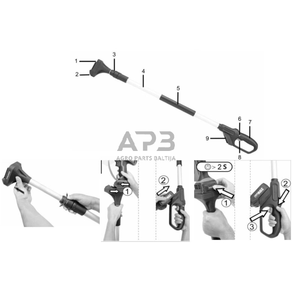 Akumuliatorinis sekatorius 20V LI-ION su teleskopiniu prailginimu 8 Akumuliatorinis sekatorius 20V LI-ION su teleskopiniu prailginimu 8