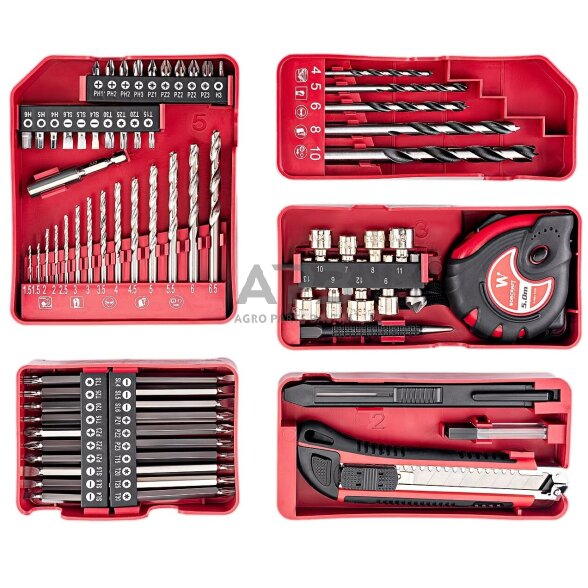 Akumuliatorinis suktuvas-gręžtuvas su kalimu 20V LI-ION ir priedais 74vnt., 2x2.0Ah 6 Akumuliatorinis suktuvas-gręžtuvas su kalimu 20V LI-ION ir priedais 74vnt., 2x2.0Ah 6