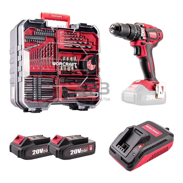 Akumuliatorinis suktuvas-gręžtuvas su kalimu 20V LI-ION ir priedais 74vnt., 2x2.0Ah Akumuliatorinis suktuvas-gręžtuvas su kalimu 20V LI-ION ir priedais 74vnt., 2x2.0Ah