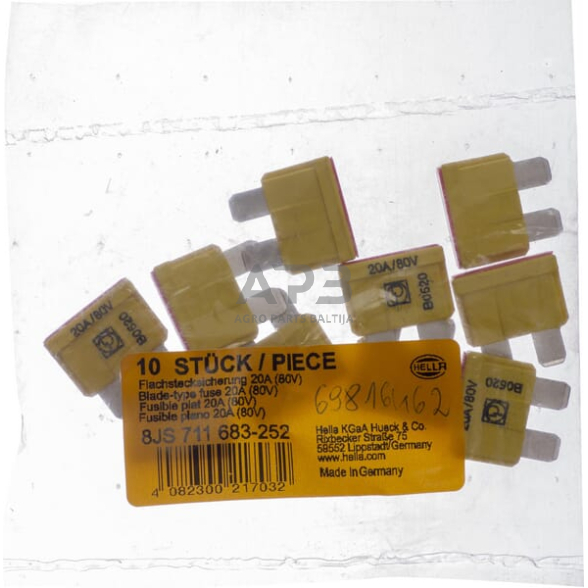 Automobilio saugiklis standartinis 80V, 20A, 19.7mm 10x Hella 8JS711683252 4 Automobilio saugiklis standartinis 80V, 20A, 19.7mm 10x Hella 8JS711683252 4