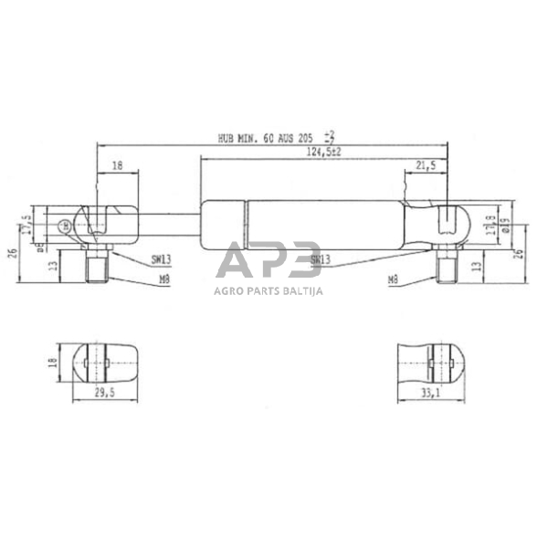 Dujinis amortizatorius L205mm 800N Stabilus CA094412 2 Dujinis amortizatorius L205mm 800N Stabilus CA094412 2