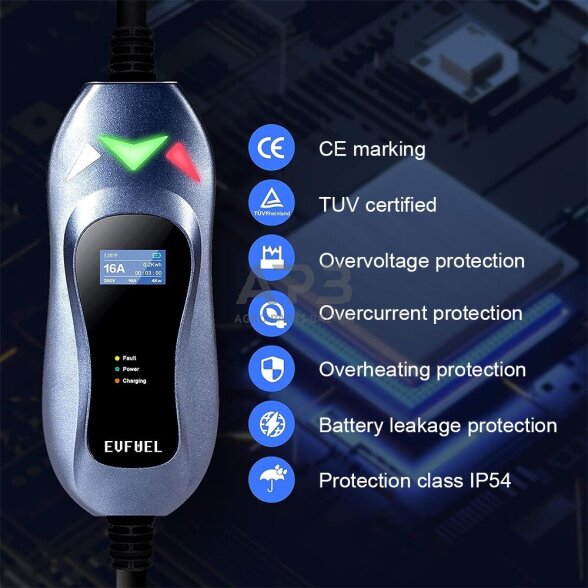 EV Įkroviklis nešiojamas 3.6kW 16A EVFUEL Type 2 2