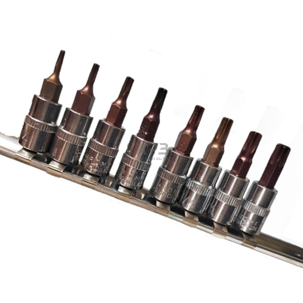 Galvučių su antgaliu rinkinys 1/4" (T-8-T-40)(torx) 8vnt. Galvučių su antgaliu rinkinys 1/4" (T-8-T-40)(torx) 8vnt.