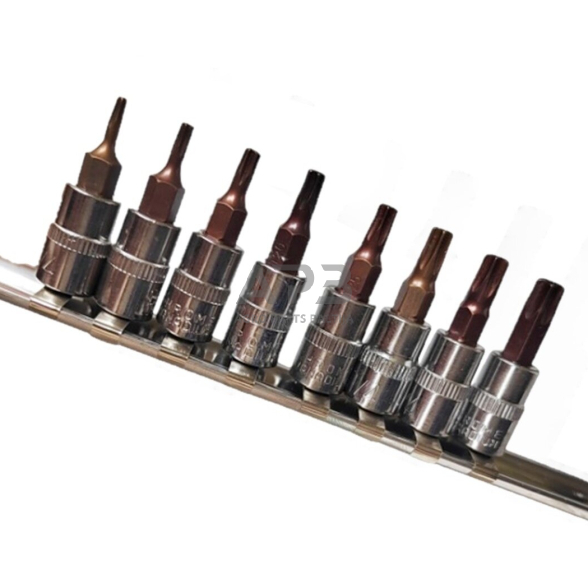 Galvučių su antgaliu rinkinys 1/4" (T-8-T-40)(torx) 8vnt. Galvučių su antgaliu rinkinys 1/4" (T-8-T-40)(torx) 8vnt.