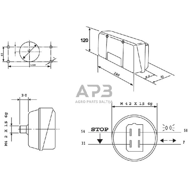 Galinis žibintas kairinis stačiakampis, raudona/gintarinė, 280x120mm AMP kištukas, Cobo 02256000 1
