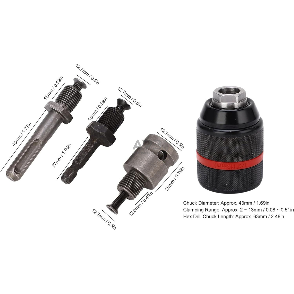 Griebtuvas gręžtuvui 1/2'' Ø2-13mm su adapteriais 4vnt. 2