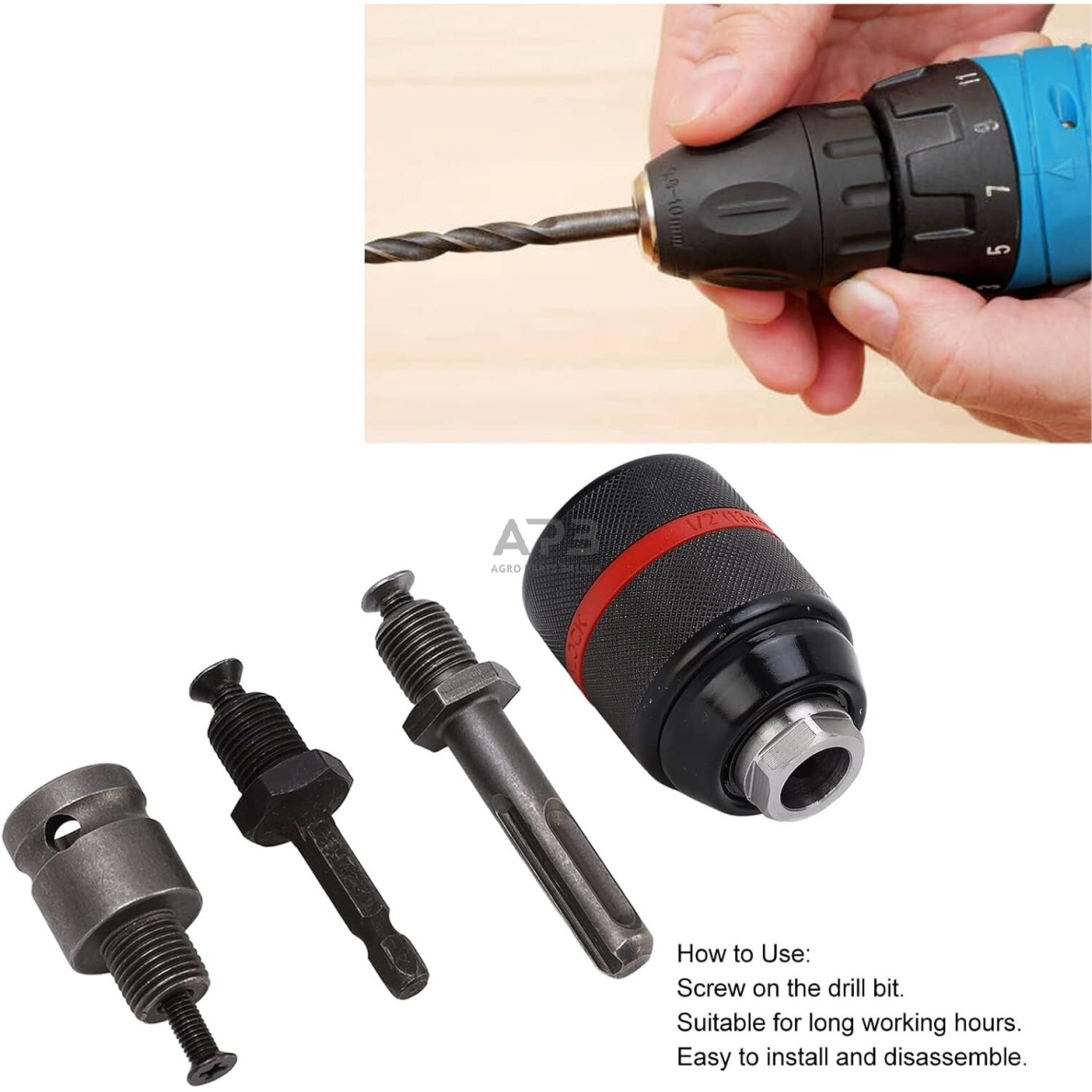 Griebtuvas gręžtuvui 1/2'' Ø2-13mm su adapteriais 4vnt. 3 Griebtuvas gręžtuvui 1/2'' Ø2-13mm su adapteriais 4vnt. 3