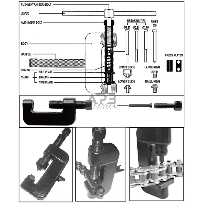 Grandinės kniedijimo ir atskyrimo įrankių rinkinys 4 Grandinės kniedijimo ir atskyrimo įrankių rinkinys 4