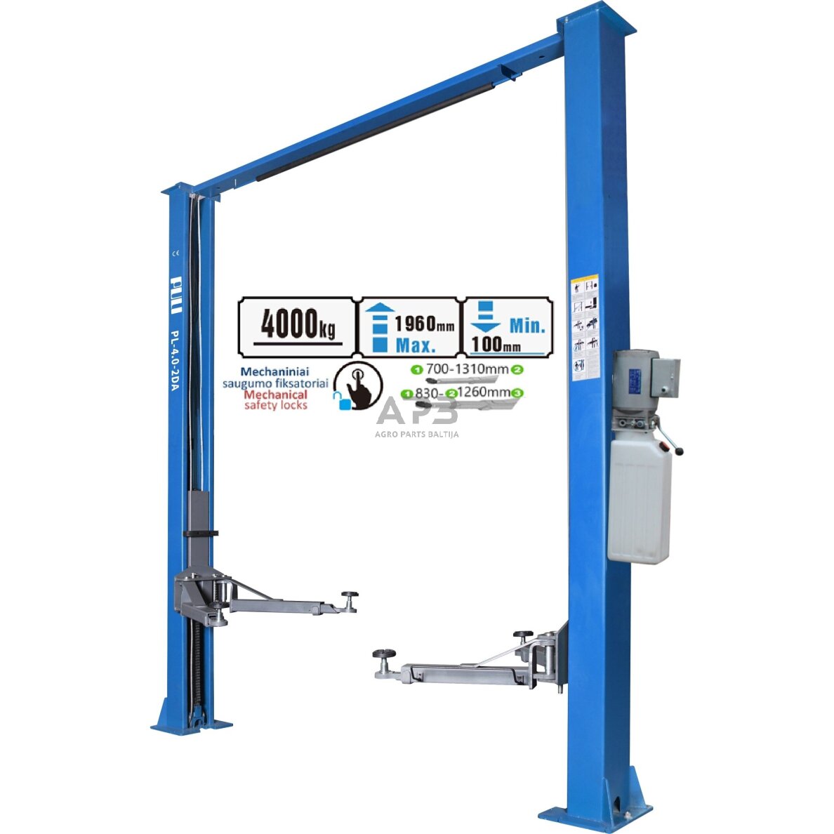 Hidraulinis dviejų kolonų keltuvas su mech. saug. fiksatoriais, 4.0t 380V (3 pakopų letenos)