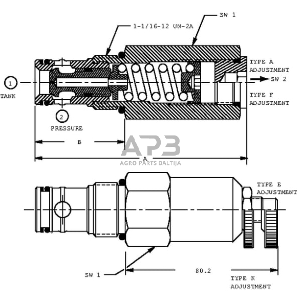 Hidraulinės sistemos vožtuvas slėgio ribojimo CP201-1, CP2011B0AC 1 Hidraulinės sistemos vožtuvas slėgio ribojimo CP201-1, CP2011B0AC 1