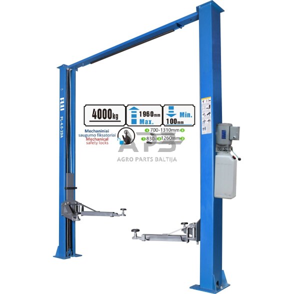 Hidraulinis dviejų kolonų keltuvas su mech. saug. fiksatoriais, 4.0t 380V (3 pakopų letenos) Hidraulinis dviejų kolonų keltuvas su mech. saug. fiksatoriais, 4.0t 380V (3 pakopų letenos)
