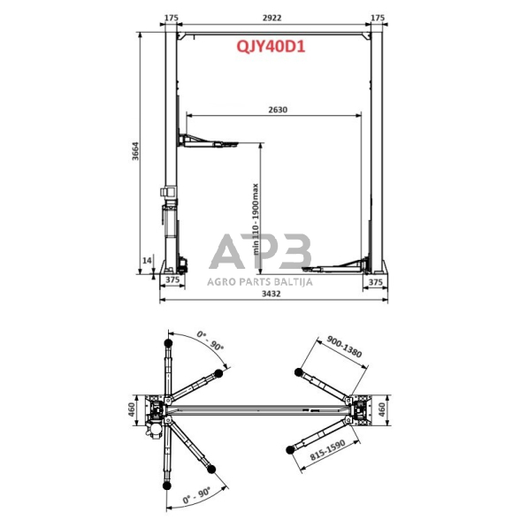 Hidraulinis dviejų kolonų keltuvas su mechaniniais saugumo fiksatoriais 4t 380V, (3 pakopų letenos) 1 Hidraulinis dviejų kolonų keltuvas su mechaniniais saugumo fiksatoriais 4t 380V, (3 pakopų letenos) 1