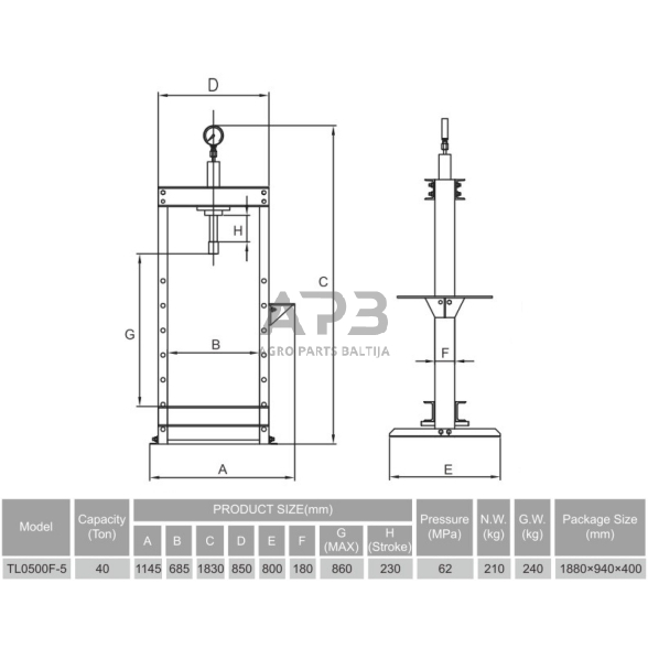 Hidraulinis presas su manometru 40t, kojinis 1 Hidraulinis presas su manometru 40t, kojinis 1