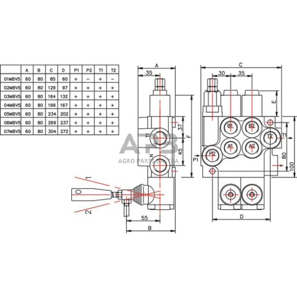 Hidraulinis skirstytuvas 2 sekcijų, MBV5 A1V-A1V-G, MBV52011GP 3 Hidraulinis skirstytuvas 2 sekcijų, MBV5 A1V-A1V-G, MBV52011GP 3