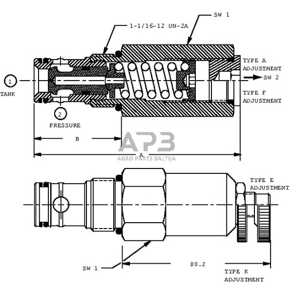 Hidraulinės sistemos vožtuvas slėgio ribojimo CP201-1, CP2011B0AC 1 Hidraulinės sistemos vožtuvas slėgio ribojimo CP201-1, CP2011B0AC 1