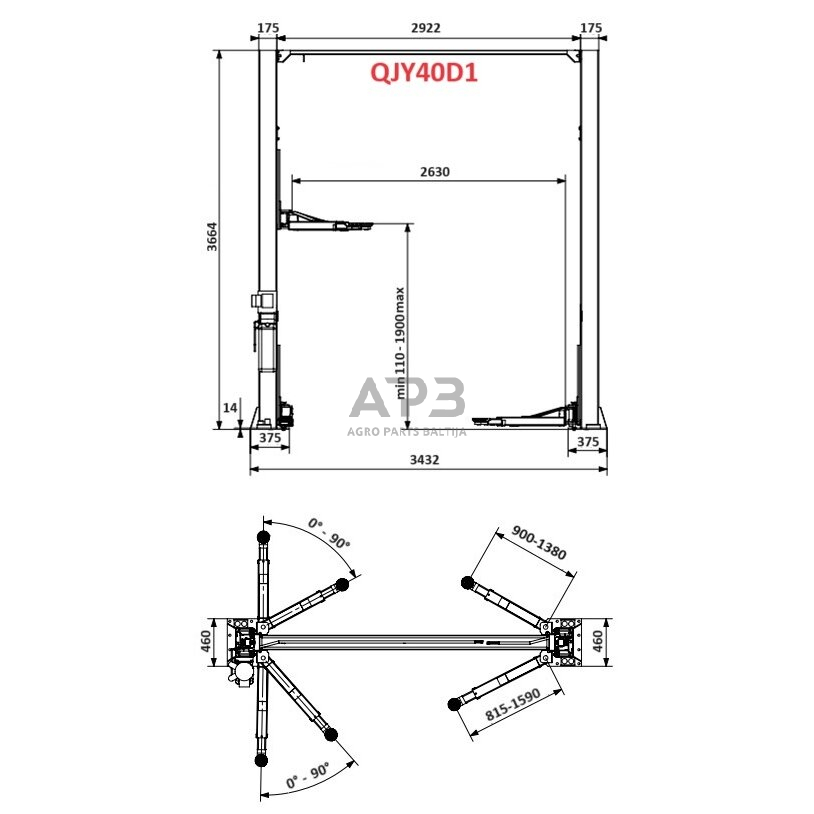 Hidraulinis dviejų kolonų keltuvas su mechaniniais saugumo fiksatoriais 4t 380V, (3 pakopų letenos) 1