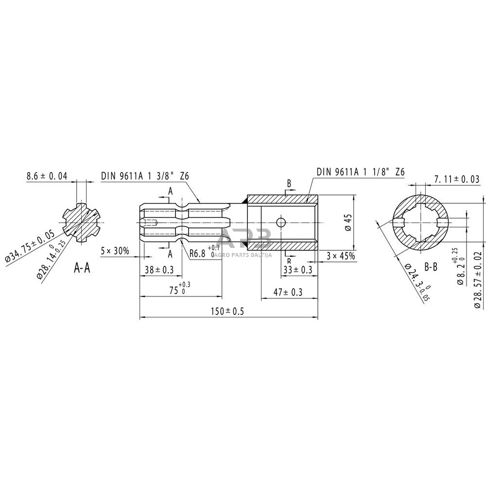 Kardaninio veleno perėjimas 1.1/8-6 - 1.3/8-6 671000KR 5