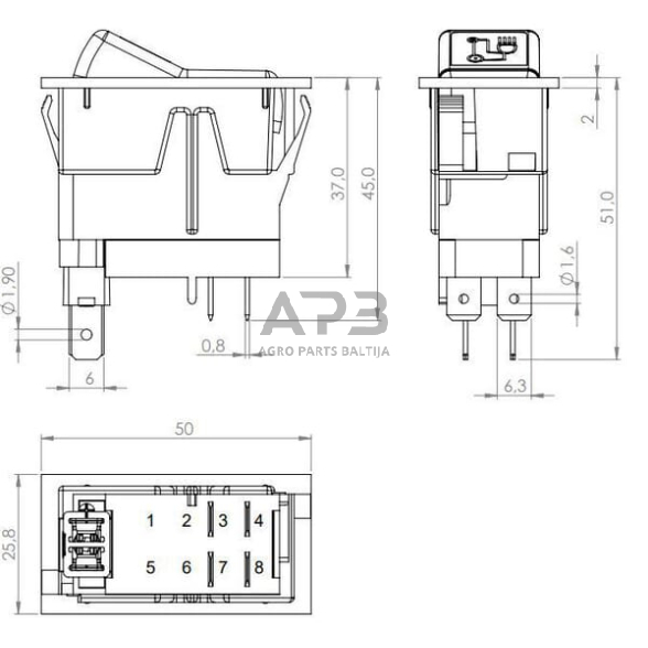 Klavišinis jungiklis 12V, 4 kontaktų SW10050KR 3 Klavišinis jungiklis 12V, 4 kontaktų SW10050KR 3