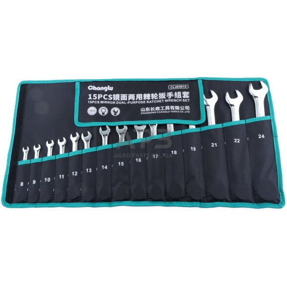 Kombinuotų raktų su terkšle rinkinys 15vnt. (8-24mm) 1 Kombinuotų raktų su terkšle rinkinys 15vnt. (8-24mm) 1