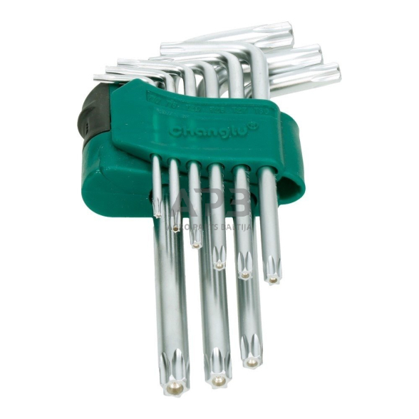 L-tipo šešiakampių TORX trumpų raktų rinkinys 9vnt. (T10-T50) su kiauryme L-tipo šešiakampių TORX trumpų raktų rinkinys 9vnt. (T10-T50) su kiauryme