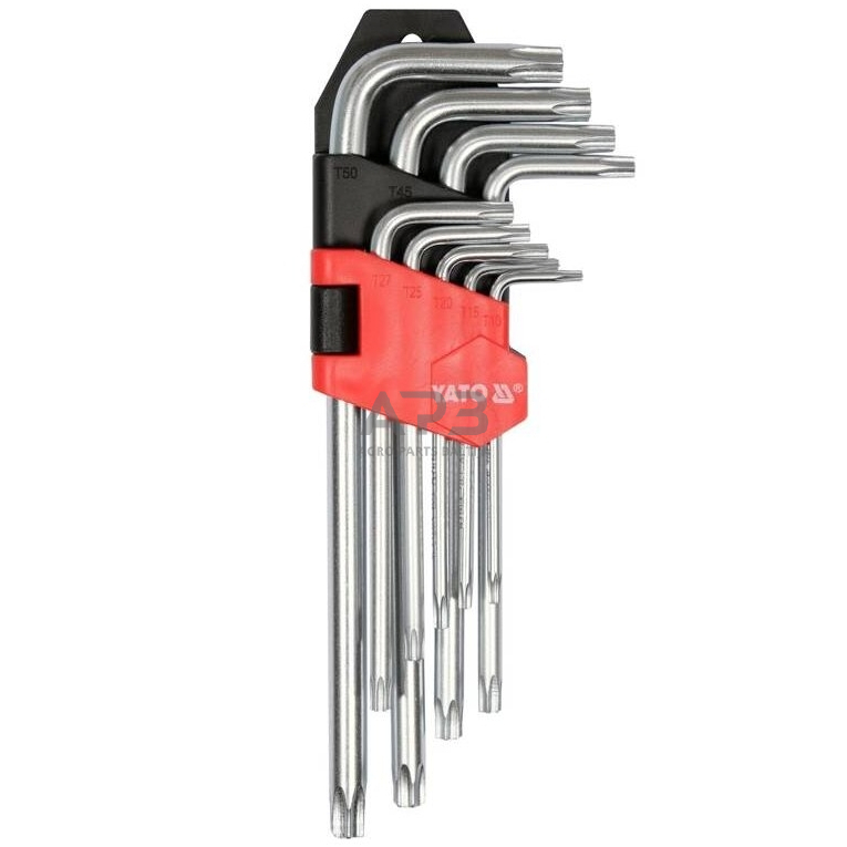 L-tipo šešiakampių TORX raktų rinkinys 9vnt. (T10-T50) su kiauryme L-tipo šešiakampių TORX raktų rinkinys 9vnt. (T10-T50) su kiauryme