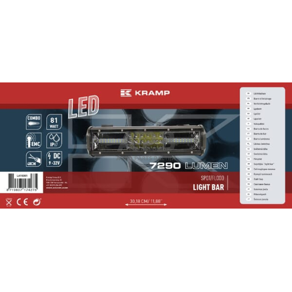 LED Bar žibintas 81W, 7290lm, 12/24V, balta, 301.8x89mm, kabelis, 54 LED LA10301 1 LED Bar žibintas 81W, 7290lm, 12/24V, balta, 301.8x89mm, kabelis, 54 LED LA10301 1