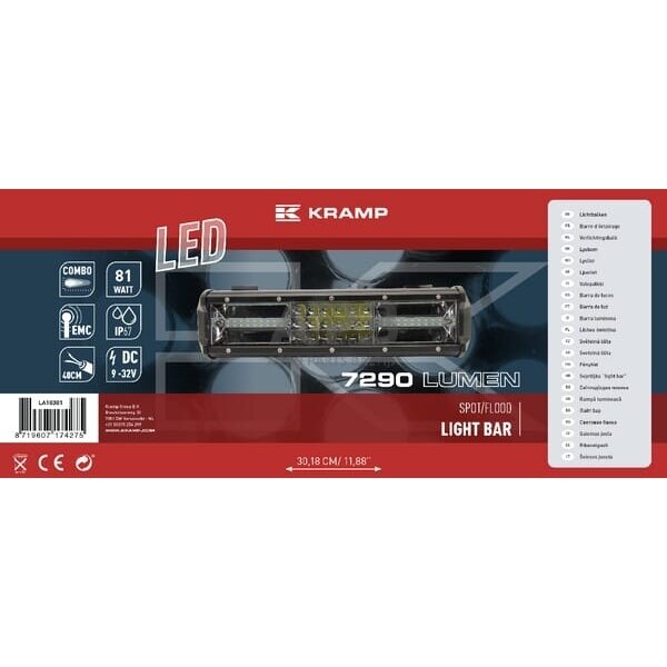 LED Bar žibintas 81W, 7290lm, 12/24V, balta, 301.8x89mm, kabelis, 54 LED LA10301 1 LED Bar žibintas 81W, 7290lm, 12/24V, balta, 301.8x89mm, kabelis, 54 LED LA10301 1