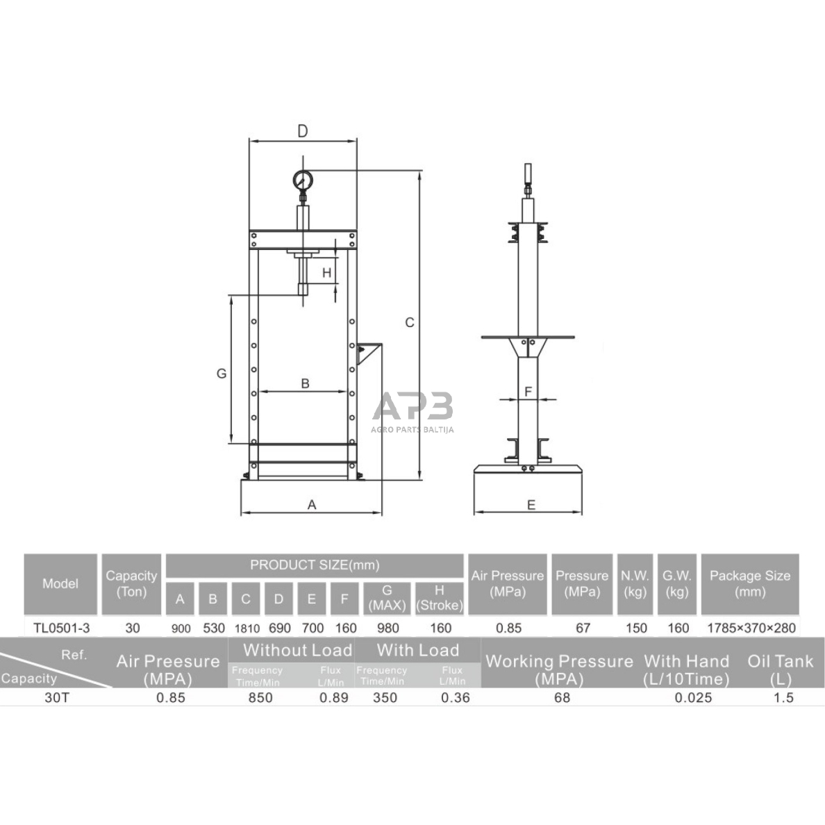 Pneumatinis / hidraulinis presas su manometru 30t 1 Pneumatinis / hidraulinis presas su manometru 30t 1