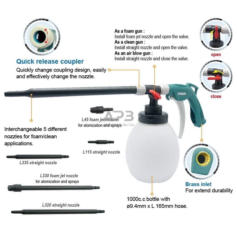 Pneumatinis plovimo/džiovinimo pistoletas su keičiamais antgaliais 2