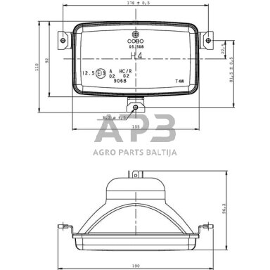 Priekinis žibintas montuojamas Halogenas 155x96.3x92mm, Cobo 05630000