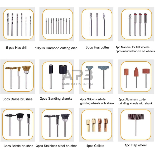 Priedų rinkinys 302vnt. universaliam mini šlifuokliui lanksčiu velenu 3 Priedų rinkinys 302vnt. universaliam mini šlifuokliui lanksčiu velenu 3