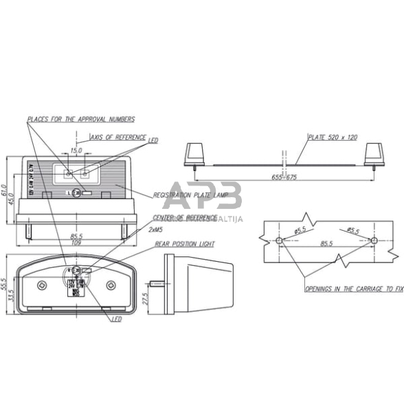 Priekabos numerio apšvietimo LED žibintas 12/24V, 109x61mm, Waś 1400300452 3 Priekabos numerio apšvietimo LED žibintas 12/24V, 109x61mm, Waś 1400300452 3
