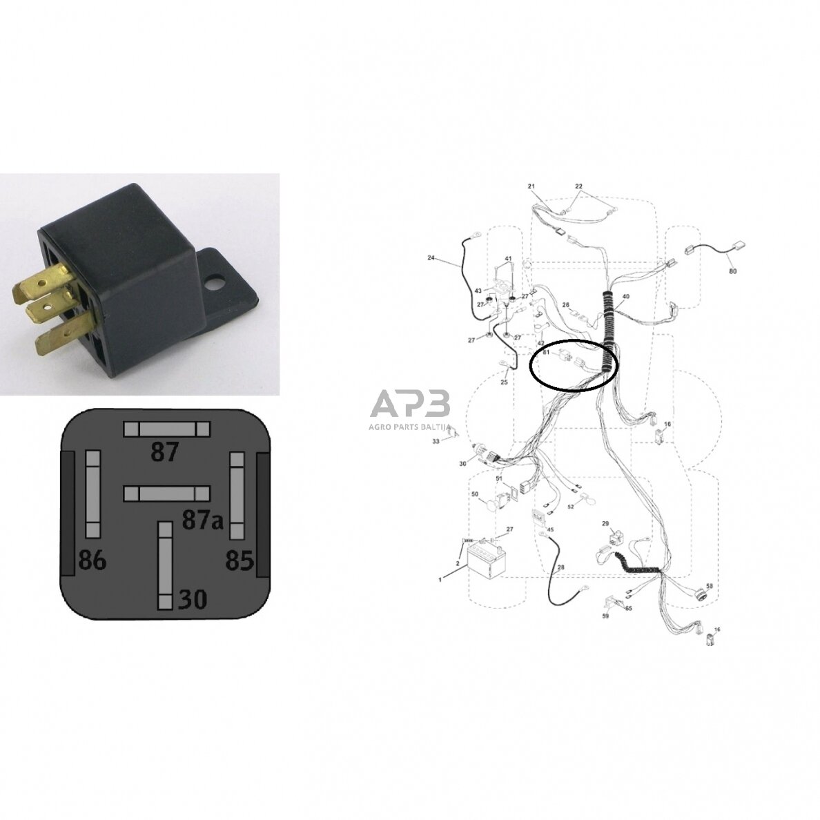 Rėlė AYP 109748X 12V, amperų 40, kontaktų 5 1 Rėlė AYP 109748X 12V, amperų 40, kontaktų 5 1