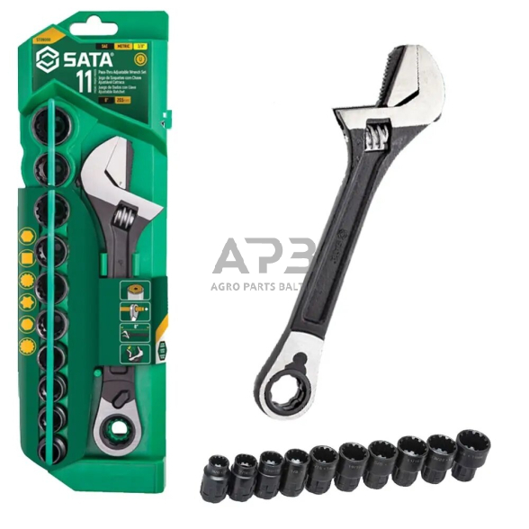 Regul. graduot. raktas su terkšle ir galvutėmis rinkinys 11vnt. (10-19mm) 3 Regul. graduot. raktas su terkšle ir galvutėmis rinkinys 11vnt. (10-19mm) 3