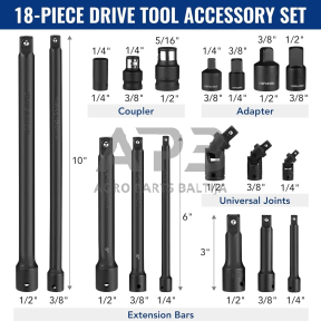 Smūginių prailgintojų ir adapterių rinkinys 1/4"+3/8"+1/2" 18vnt.