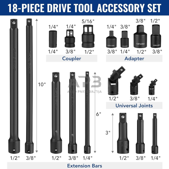 Smūginių prailgintojų ir adapterių rinkinys 1/4"+3/8"+1/2" 18vnt. 1 Smūginių prailgintojų ir adapterių rinkinys 1/4"+3/8"+1/2" 18vnt. 1