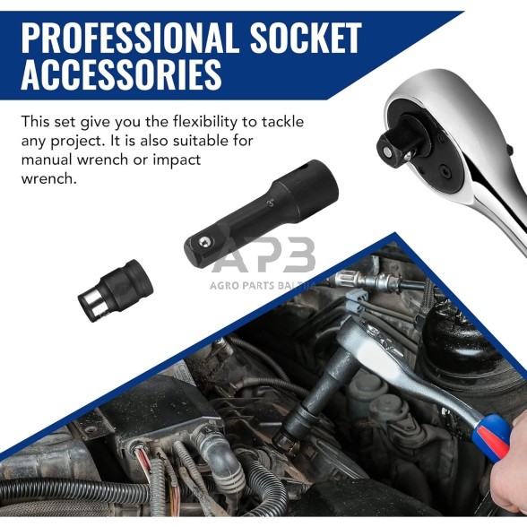 Smūginių prailgintojų ir adapterių rinkinys 1/4"+3/8"+1/2" 18vnt. 3