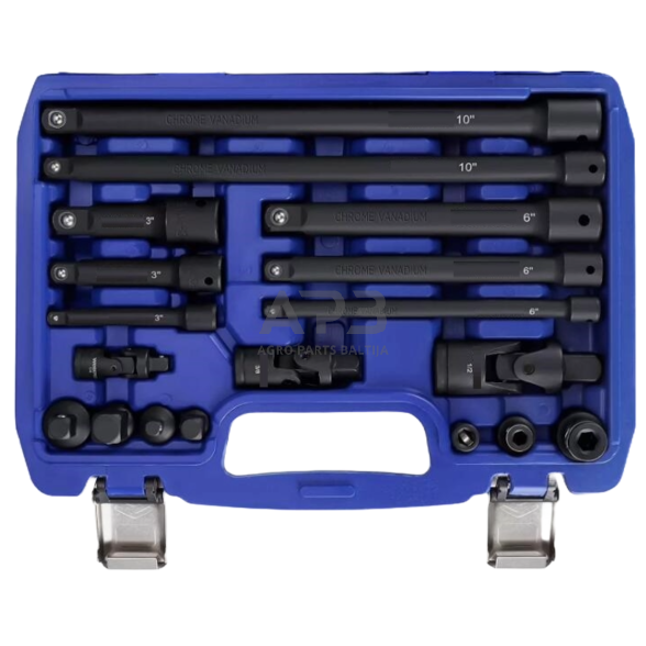 Smūginių prailgintojų ir adapterių rinkinys 1/4"+3/8"+1/2" 18vnt.