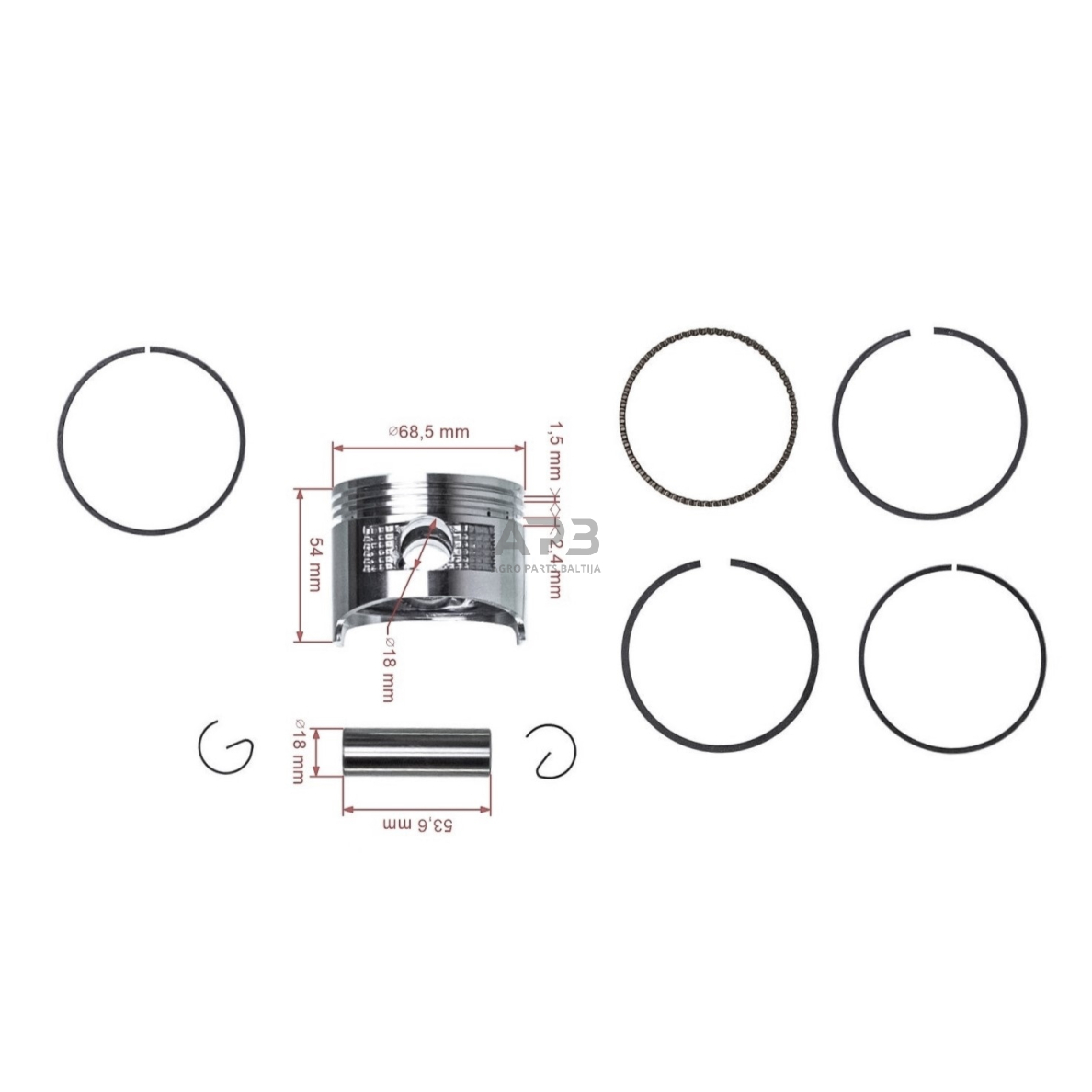 Stūmoklio komplektas Honda GX160 išmatavimai cilindro mm 68 (remontinis 0,50) antriniai išmatavimai, kaištis 18 x 53,6 mm 2 Stūmoklio komplektas Honda GX160 išmatavimai cilindro mm 68 (remontinis 0,50) antriniai išmatavimai, kaištis 18 x 53,6 mm 2
