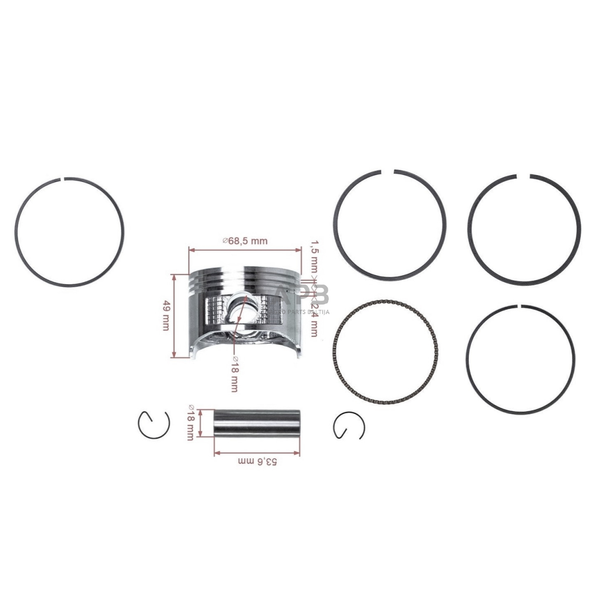 Stūmoklio komplektas Honda GX200 išmatavimai cilindro mm 68 (remontinis +0,50) kaištis 18 x 53,6 mm 2