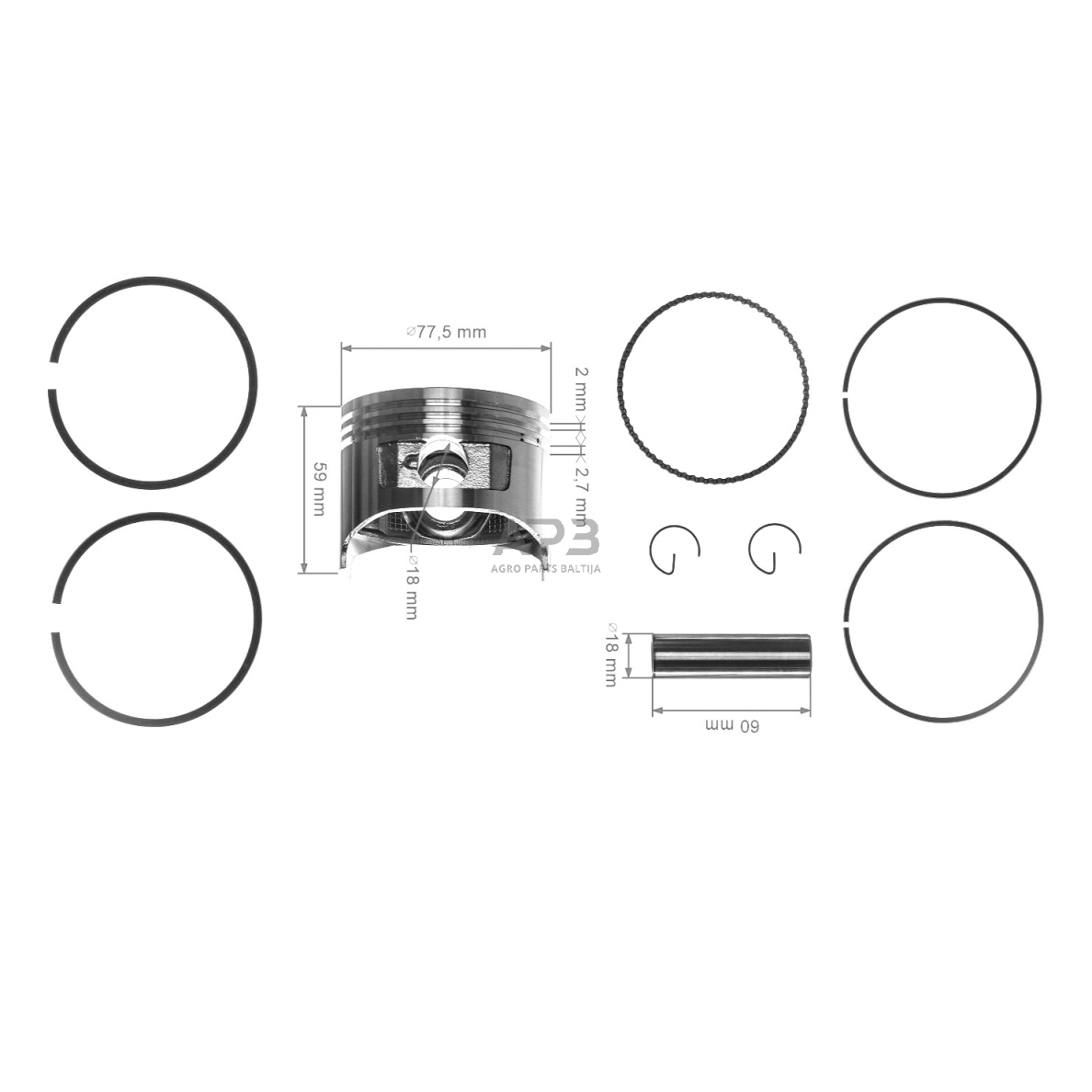 Stūmoklio komplektas Honda GX270 išmatavimai cilindro mm 77 (remontinis 0,50) antriniai išmatavimai, kaištis 18 x 60 mm 2