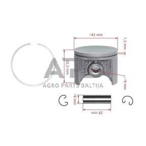 Stūmoklio komplektas Makita, Dolmar, PS420, PS420C išmatavimai cilindro mm 42