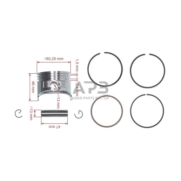 Stūmoklio komplektas Honda GX120 išmatavimai cilindro mm 60 (remontinis 0,25) kaištis 13 x 47 mm 2 Stūmoklio komplektas Honda GX120 išmatavimai cilindro mm 60 (remontinis 0,25) kaištis 13 x 47 mm 2